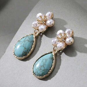 Turquoise Elegant Vintage Faux Pearl and Flower Earrings for women